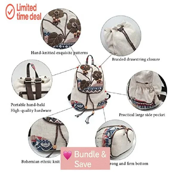 Vintage Boho Drawstring Backpack Purse, 9 Pockets, Adjustable Strap,